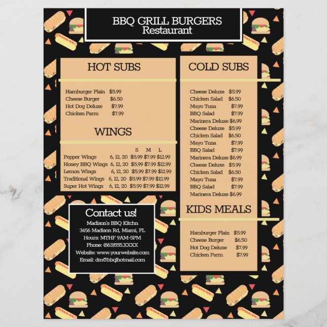 Prospectus 21,6 Cm X 24,94 Cm Menu Simple Hamburger BBQ Grill Restaurant (Devant)