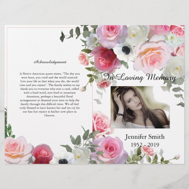 Prospectus 21,6 Cm X 24,94 Cm Programme funéraire de roses roses bicolores (Devant)