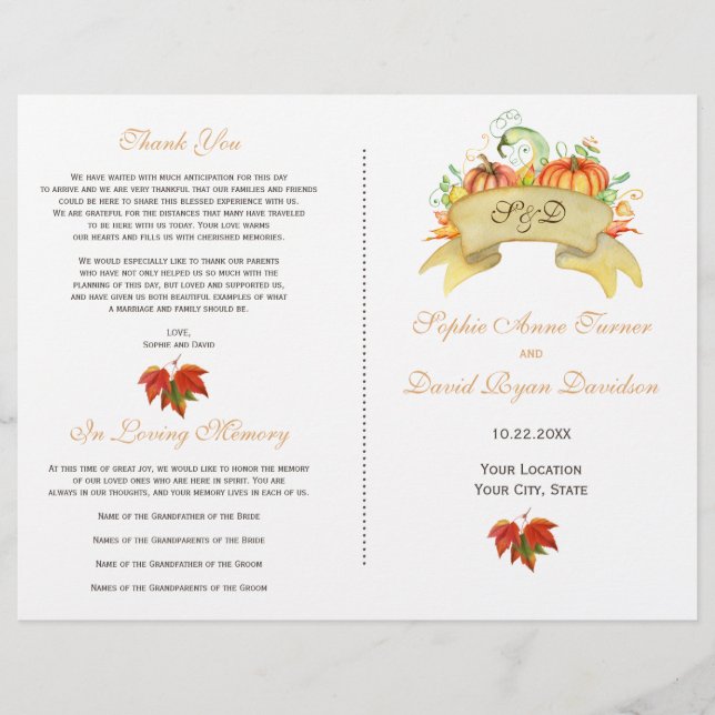 Prospectus 21,6 Cm X 24,94 Cm Rustic Fall Thanksgiving Programme de mariage Citr (Devant)