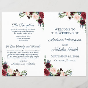 Prospectus 21,6 Cm X 24,94 Cm Rustic Navy et Marsala Floral Wedding Programmes