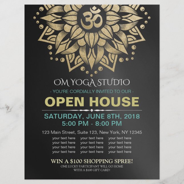 Prospectus 21,6 Cm X 24,94 Cm SYMBOLE YOGA Studio Open House Gold Mandala Om (Devant)