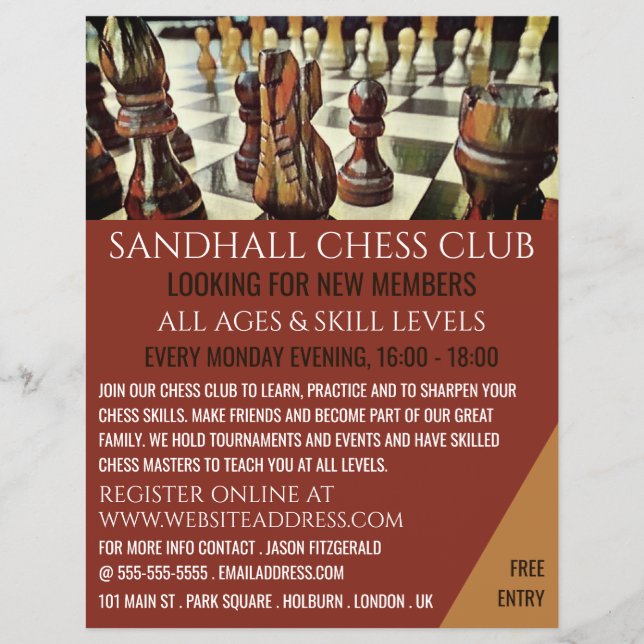 Prospectus 21,6 Cm X 24,94 Cm Tableau de jeu d'échecs, Club d'échecs Publicité (Devant)