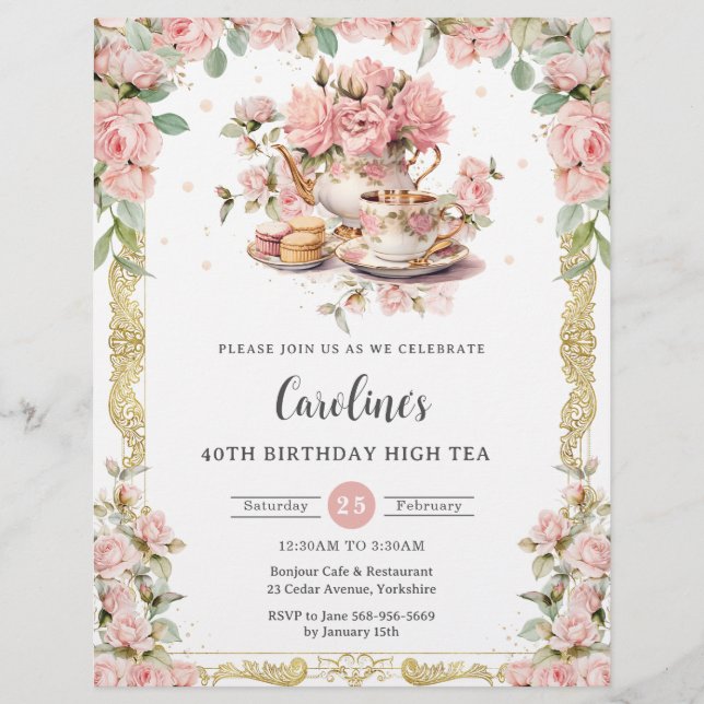 Prospectus 21,6 Cm X 24,94 Cm Vintage Rose Floral Rose High Tea Party Anniversai (Devant)