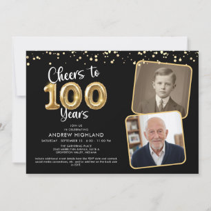 Prost auf 100 Jahre 2 Fotos Schrift Ballon Einladung