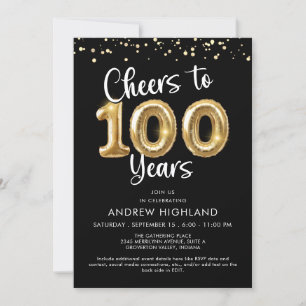 Prost auf 100 Jahre Goldene Ballonzahlen Schwarz Einladung