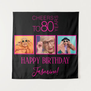 Prost auf 80 Jahre 3 Fotos Schwarz Pink Elegant Wandteppich