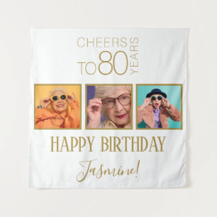 Prost auf 80 Jahre 3 Fotos Weiß Gold Elegant Wandteppich