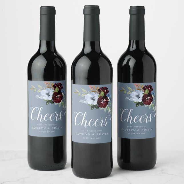 PROST | Bordeaux-Blütenhochzeit Weinetikett (Flaschen)