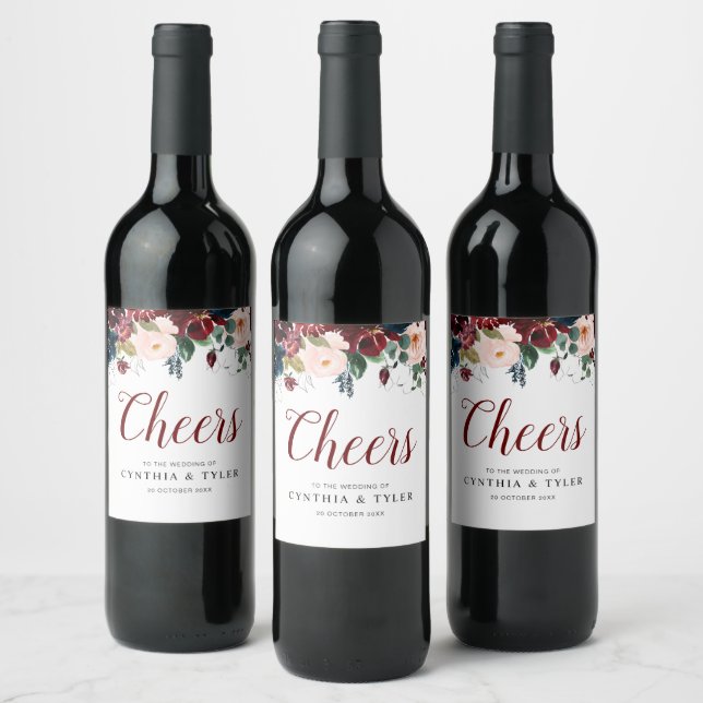PROST | Bordeaux- und Blütenhochzeit Weinetikett (Flaschen)