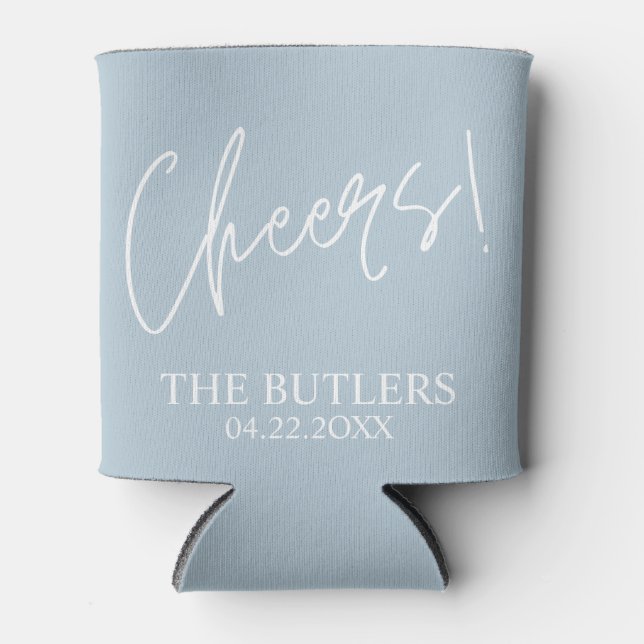 Prost! Custom Dusty Blue Wedding Can Cooler Dosenkühler (Vorderseite)