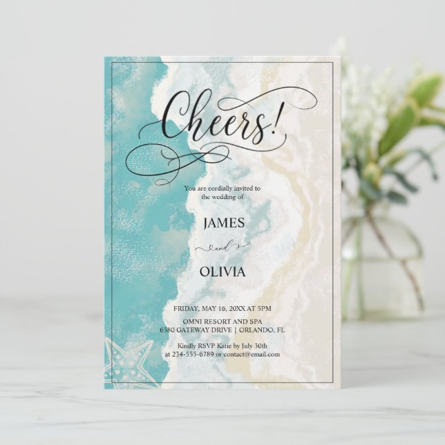 Prost! Elegante Beach Hochzeit Einladung (Stehend Vorderseite)
