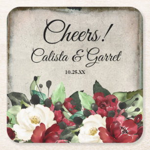 Prost!   Elegante Dark Red Floral Goth Wedding Rechteckiger Pappuntersetzer