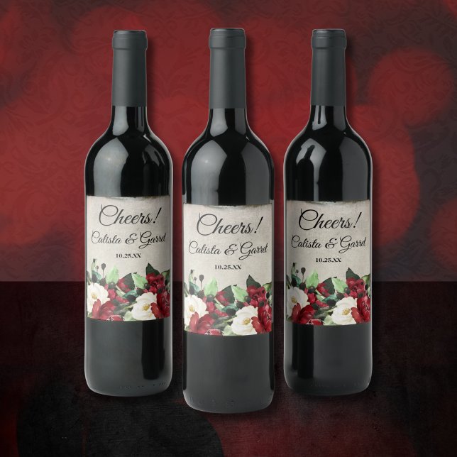 Prost! | Elegante Dark Red Floral Goth Wedding Weinetikett (Von Creator hochgeladen)