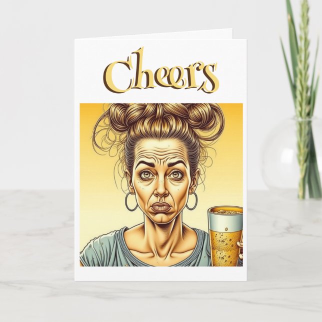 Prost! Messy Bun Holding a Stich Beer Birthday Karte (Vorderseite)