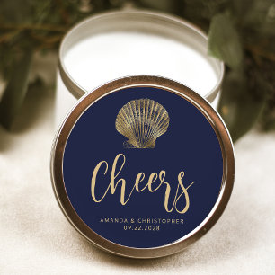 Prost Navy Blau Gold Küstenstrandhochzeit Runder Aufkleber
