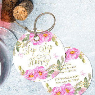 Prost Prost Hurra Rosa und Gold Wasserfarben-Blume Geschenkanhänger