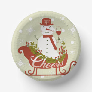Prost Schneemann mit Wein und Schlitten Weihnachts Pappteller