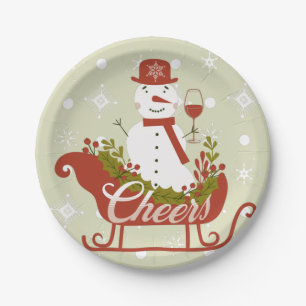 Prost Schneemann mit Wein und Schlitten Weihnachts Pappteller
