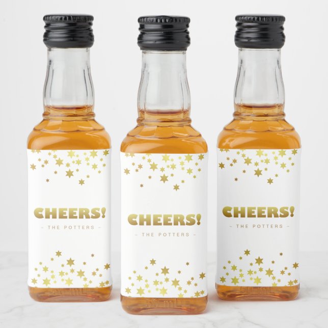 Prost | Spaß Weihnachten White & Gold Stars Mini Alkoholflaschenetikett (Flaschen)