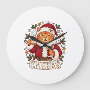 Prost Weihnachten Orange Katze Weihnachtsmann Hut Große Wanduhr