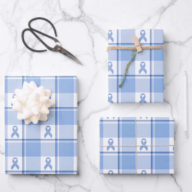 Prostate Cancer Awareness Plaid Light Blue Ribbon Geschenkpapier Set (Vorderseite)