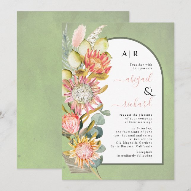 Protea Blume Pampas Gras Salbei Grüne Hochzeit Einladung (Vorne/Hinten)
