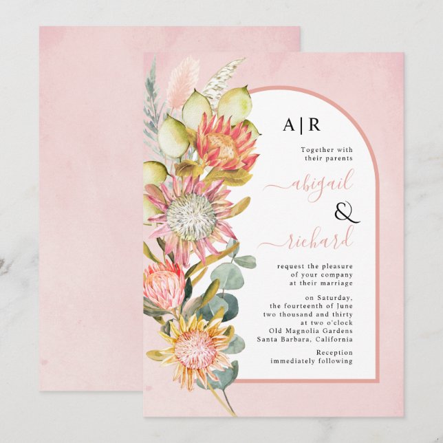 Protea Blume Pampas Gras und Eukalyprus Hochzeit Einladung (Vorne/Hinten)