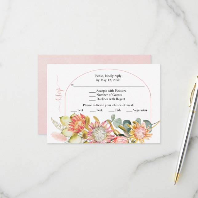 Protea Blume Pampas Gras und Eukalyprus Hochzeit RSVP Karte (Vorderseite/Rückseite Beispiel)