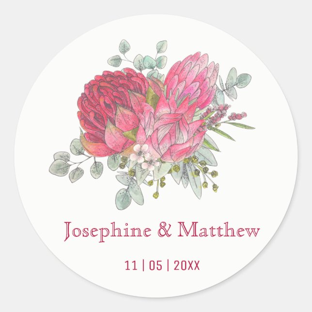Protea Blume Wasserfarbe Hochzeitskleber Runder Aufkleber (Vorderseite)