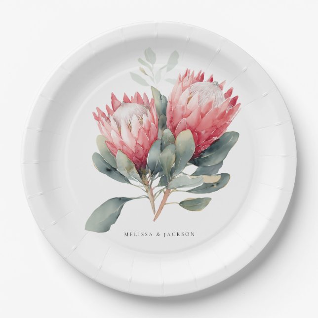 Protea Blush Wasserfarbe Blume Hochzeit Pappteller (Vorderseite)