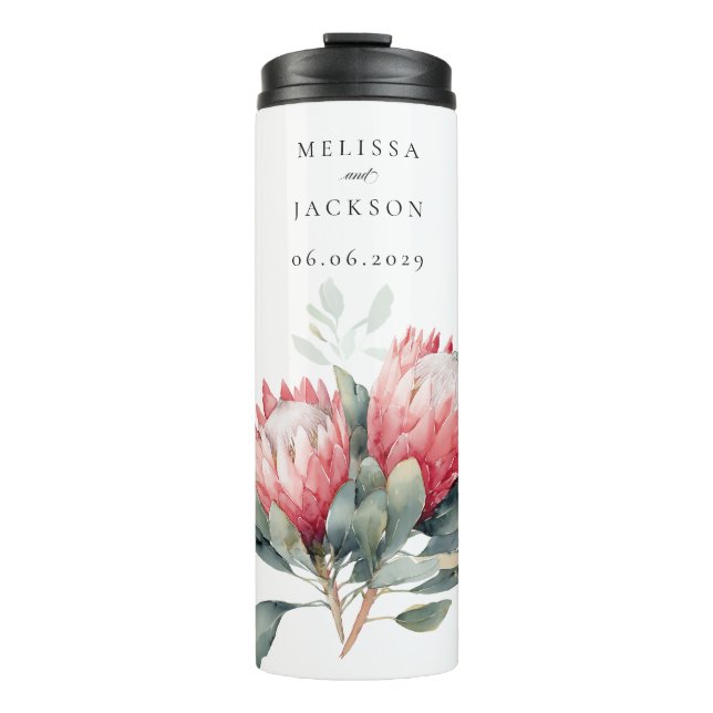 Protea Blush Wasserfarbe Blume Hochzeit Thermosbecher (Vorderseite)