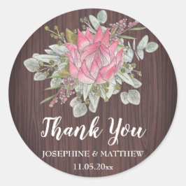 Protea Eucalyptus Wood Rustic Wedding Vielen Dank Runder Aufkleber