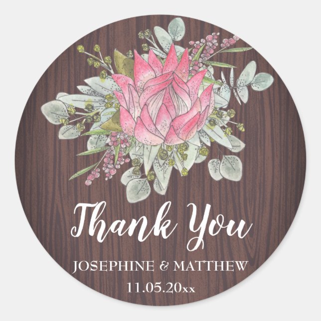 Protea Eucalyptus Wood Rustic Wedding Vielen Dank Runder Aufkleber (Vorderseite)