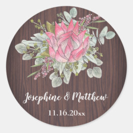 Protea Eukalyptus Foliage Wood Rustikale Hochzeit Runder Aufkleber