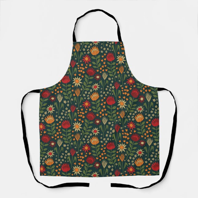 Protea Floral Block Print Millefleur Dunkel Schürze (Vorderseite)