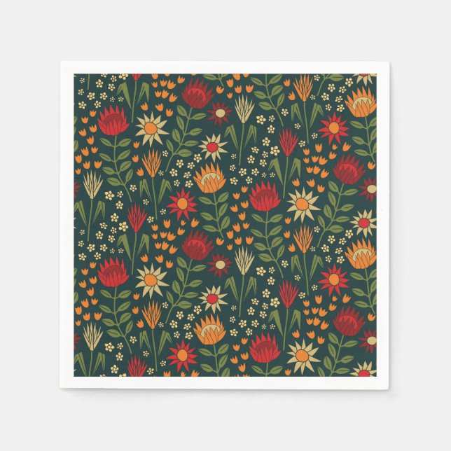 Protea Floral Block Print Millefleur Dunkel Serviette (Vorderseite)