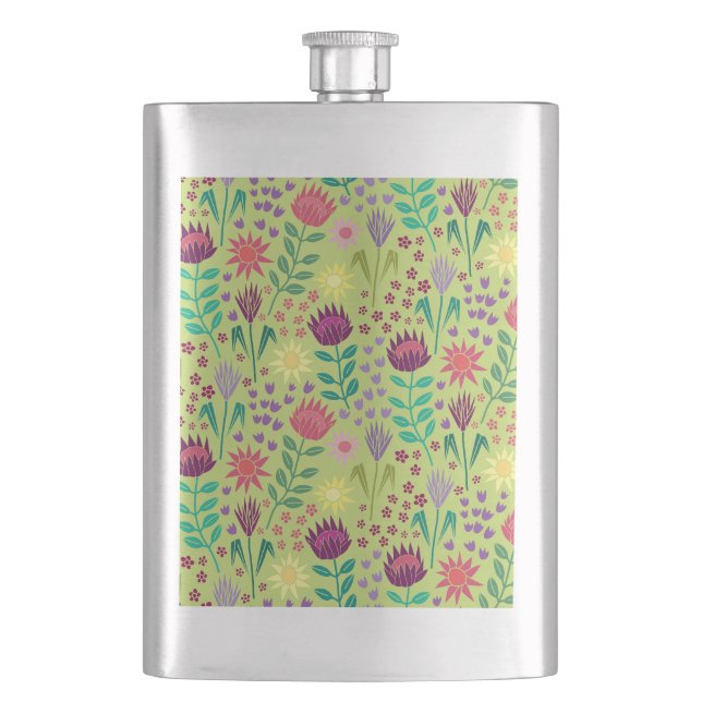 Protea Floral Block Print Millefleur Grün Flachmann (Vorderseite)