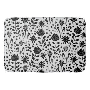 Protea Floral Block Print Millefleur Schwarz-weiß Badematte