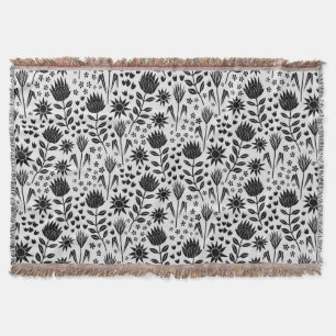 Protea Floral Block Print Millefleur Schwarz-weiß Decke