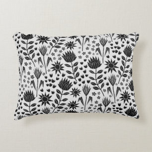 Protea Floral Block Print Millefleur Schwarz-weiß Dekokissen