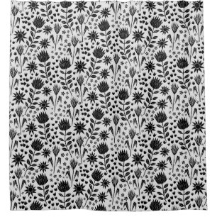 Protea Floral Block Print Millefleur Schwarz-weiß Duschvorhang