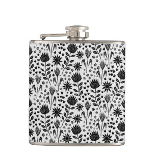 Protea Floral Block Print Millefleur Schwarz-weiß Flachmann