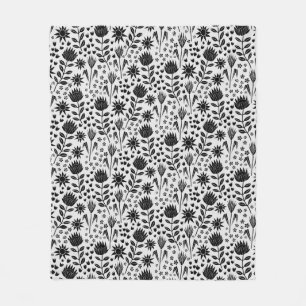 Protea Floral Block Print Millefleur Schwarz-weiß Fleecedecke