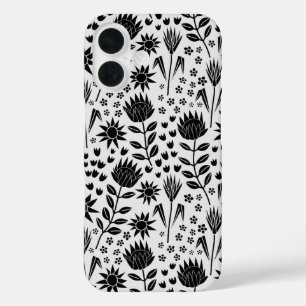 Protea Floral Block Print Millefleur Schwarz-weiß iPhone 16 Hülle