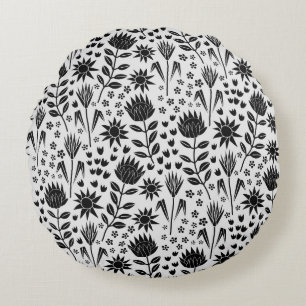 Protea Floral Block Print Millefleur Schwarz-weiß Rundes Kissen