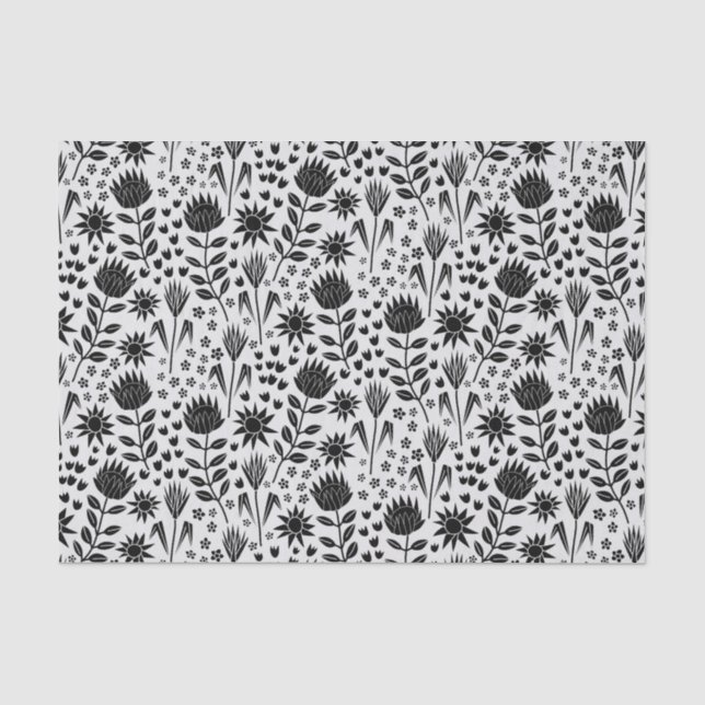 Protea Floral Block Print Millefleur Schwarz-weiß Seidenpapier (Vorderseite)