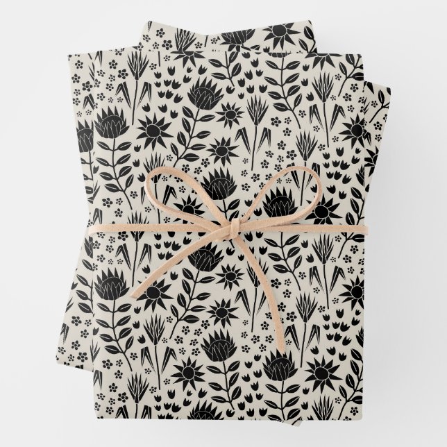 Protea Floral Block Print Milleflex schwarze Leine Geschenkpapier Set (Beispiel)