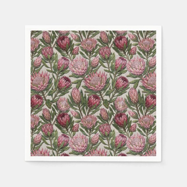 Protea mit rosa besticktem botanischem Muster Serviette (Vorderseite)
