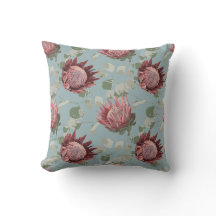 Protea vert et rose sur le Coussin bleu français