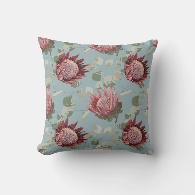 Protea vert et rose sur le Coussin bleu français (Recto)
